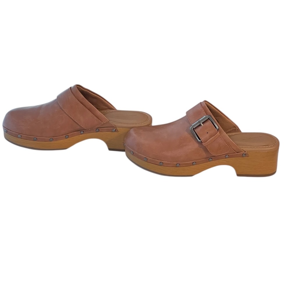 Universal Thread‎ Tan Brown Leather Clogs Women's Size 9 Block Heel Buckle Mules - Picture 6 of 12